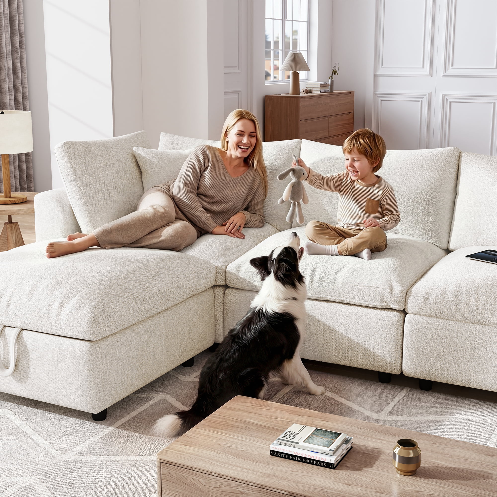 BINBANK Luxurious Cloud Modular Sectional Sofa, Modern Chenille Couch L-Shaped with Storage Ottoman, USB Type-C Ports & Cup Holders for Living Room