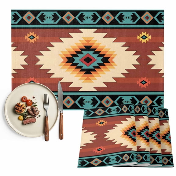 Placemats Set of 4, Teal Red Tribal Geometric Place Mats Vintage Boho Native Abstract Tablemats Washable Placemat Table Decoration for Kitchen Table Dinner Party Home Decor Indoor Outdoor 13x19 Inch