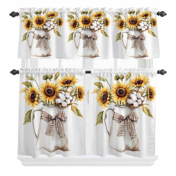 3 Piece Kitchen Curtains and Valances Set Sunflower Cafe Curtains 24 Inch Length Botanical Garden Florals Cottagecore Plant Valance & Tier Curtain for Living Room Bedroom Window 54"x18" 27"x24"*2