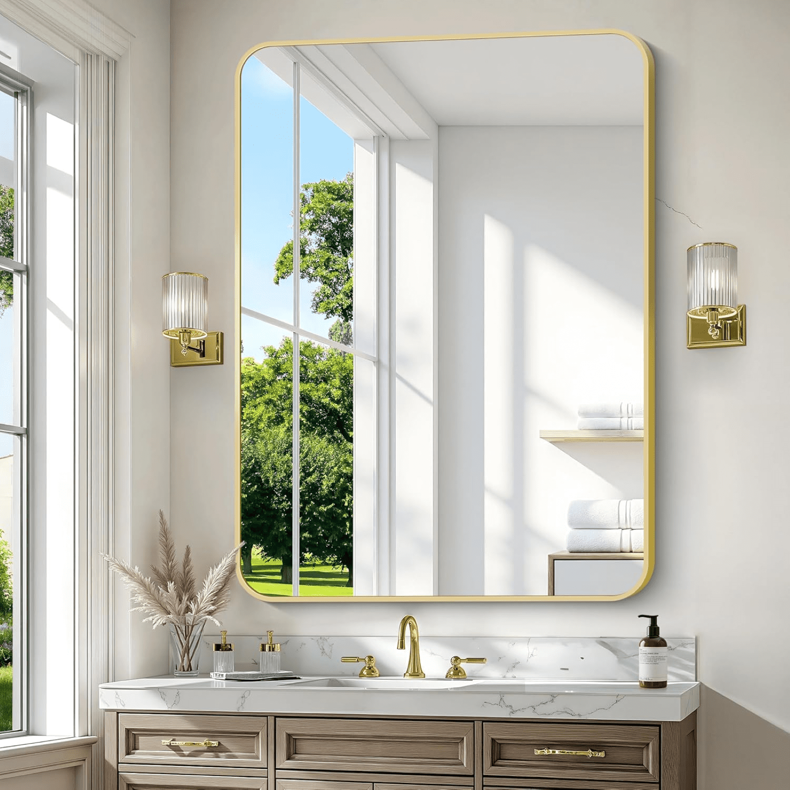 AUROMIR 30"x40" Bathroom Mirror Wall-Mounted Vanity Mirror with Rectangular Metal Frame, Gold