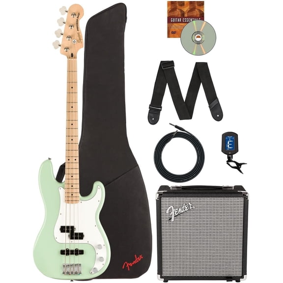 Fender Squier Affinity Precision Bass PJ - Surf Green Bundle with Rumble 15 Amplifier, Instrument Cable, Gig Bag, Tuner, Strap, and Austin Bazaar Instructional DVD