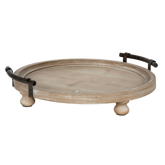 Kate and Laurel Bruillet Round Wooden Footed Tray with Handles, 15-inch Diameter, Rustic Finish