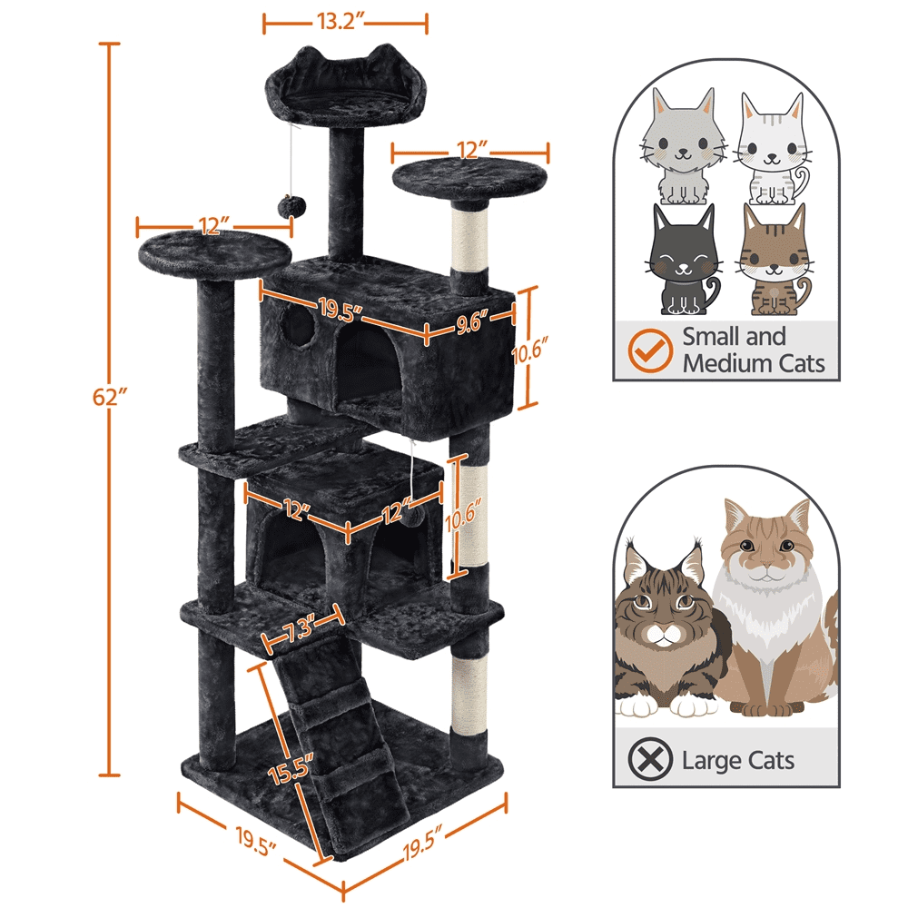Alden Design 61.5''H Double Condo Cat Tree with Scratching Post Tower, Black