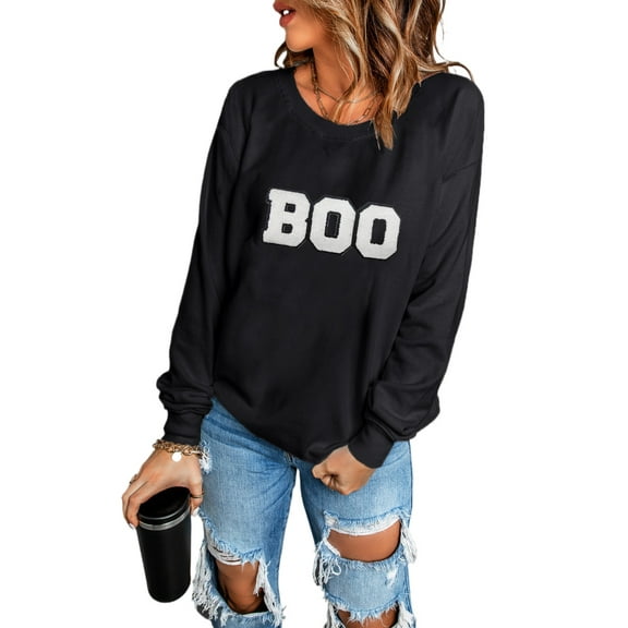 Women's Black Chenille BOO Patched Pattern Crewneck Sweatshirt - [ZhiHiMeRi] | (US 20-22)2XL