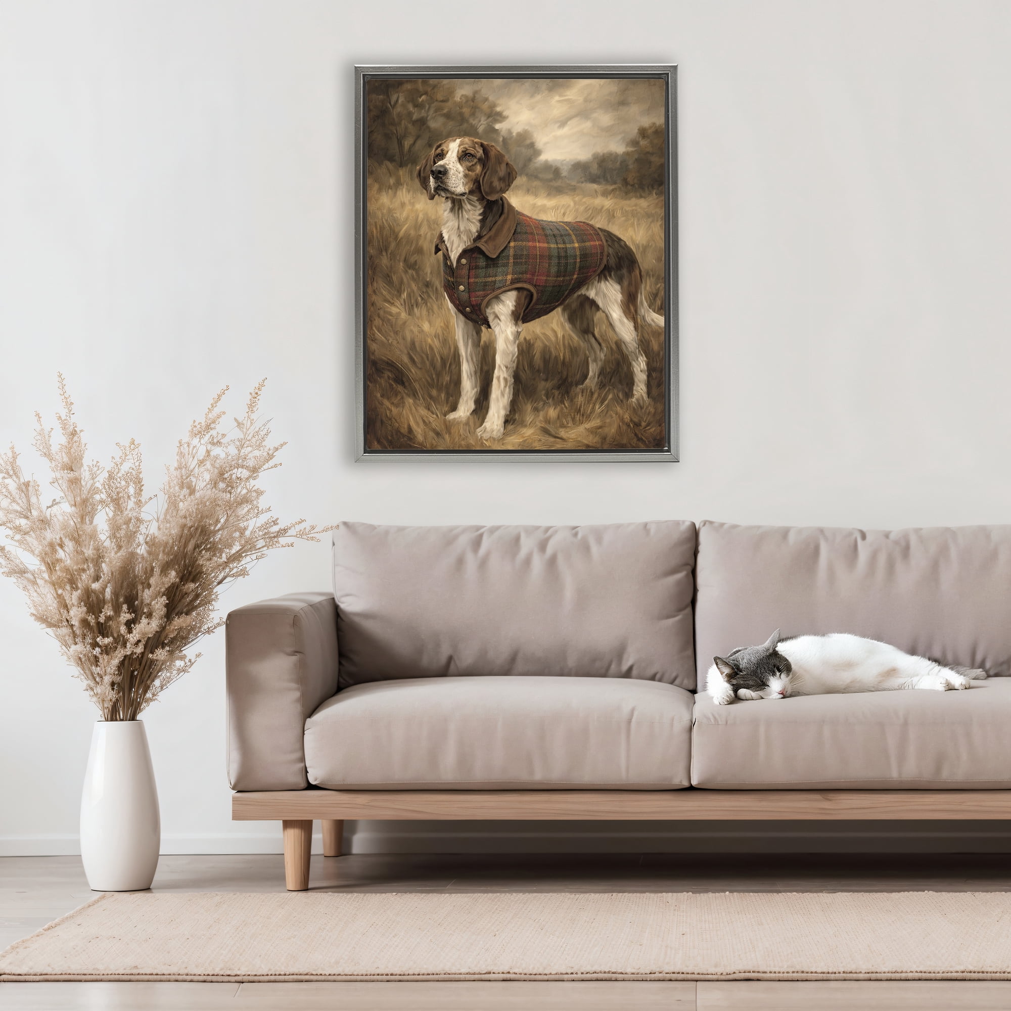 Stupell Industries Hunting Days Plaid Jacket Hound Gray Framed Floater Canvas Wall Art, design by Kim Allen