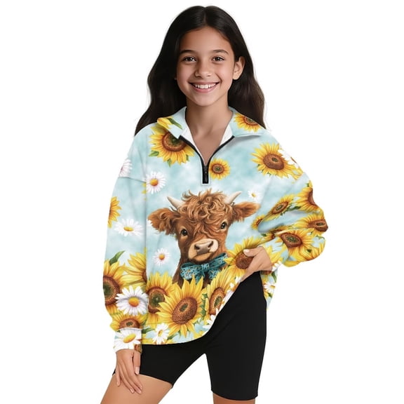 Uorisanigo Girls Half Zip Collar Sweatshirts Oversized Half Zipper Crop Tops Long Sleeve Cropped Pullover Hoodies for Teen Girl Fashion Fall Winter Clothing, Baby Highland Cow Sunflower