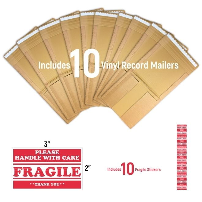 AlbumArmor Vinyl Record Shipping Boxes with Fragile Stickers, LP Mailers Holds 1 to 8 12-Inch Records, Vinyl Record Holder - 10pk