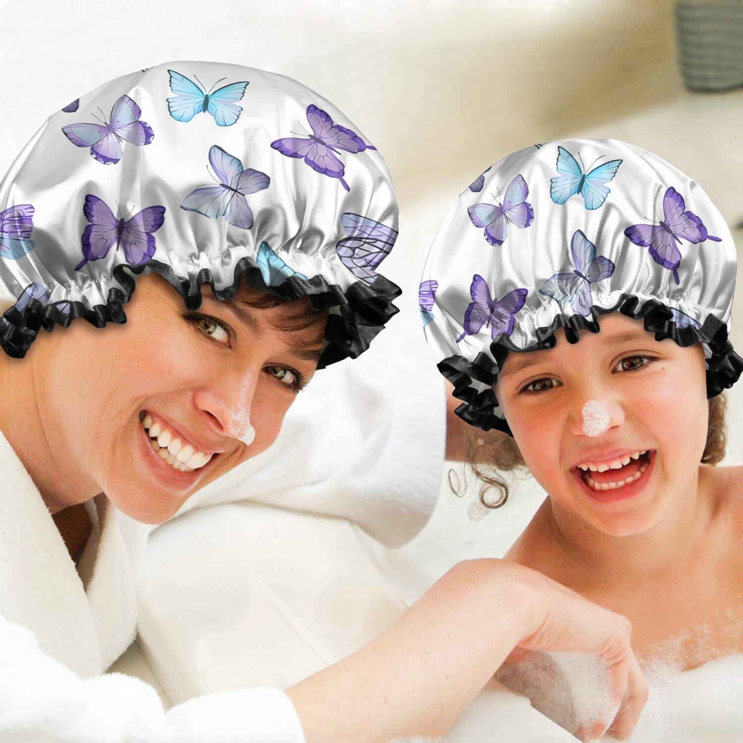 Shower Caps,White Blue Purple Butterfly Pattern Waterproof Shower Cap for Women 4 Pieces,Double Reusable Hair Cover for Shower PEVA Elastic Stretch Hem