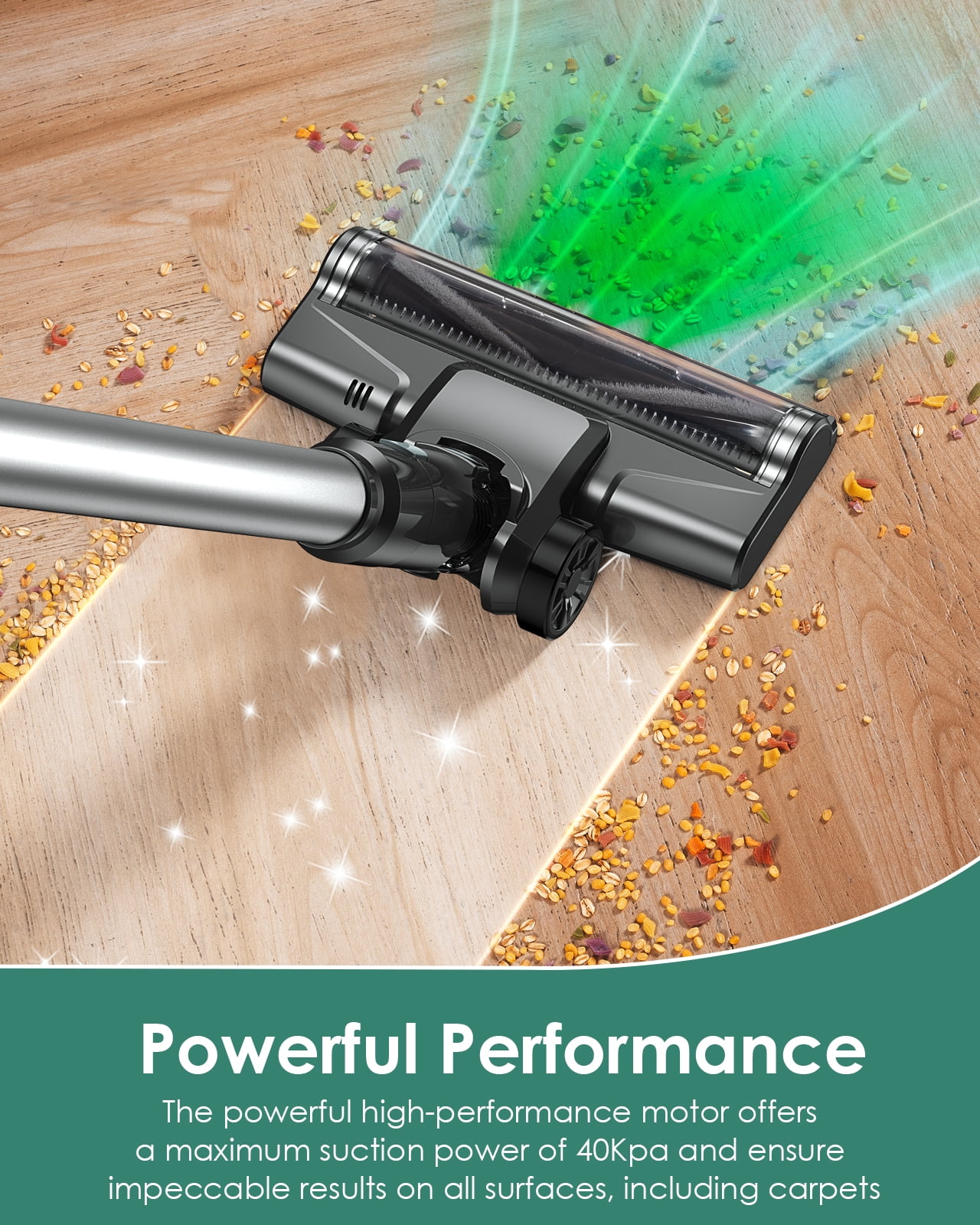 Cordless Vacuum Cleaner, 40Kpa 35Mins Stick Vacuum, Lightweight and Versatile, Deep Cleans, Self-Standing, Green LED