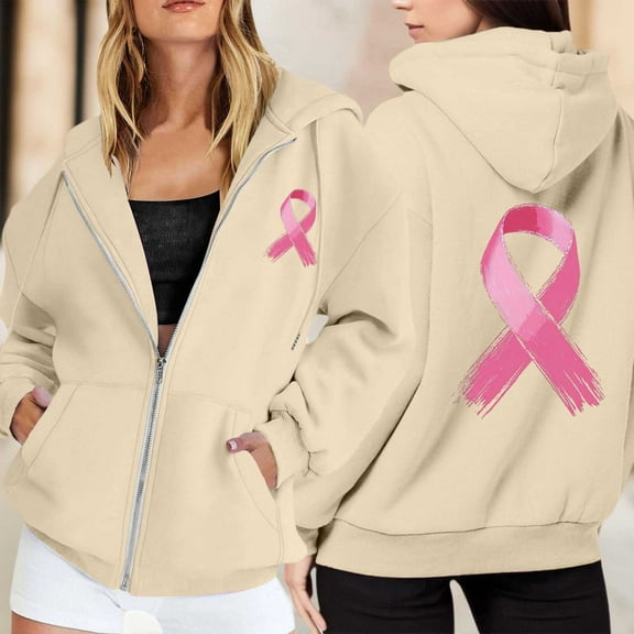 KANG Women's Zip Up Hoodie Fleece Pullover Breast Cancer Awareness Month Long Sleeve Pocket Drawstring Casual Sweatshirt For Everyday Wear
