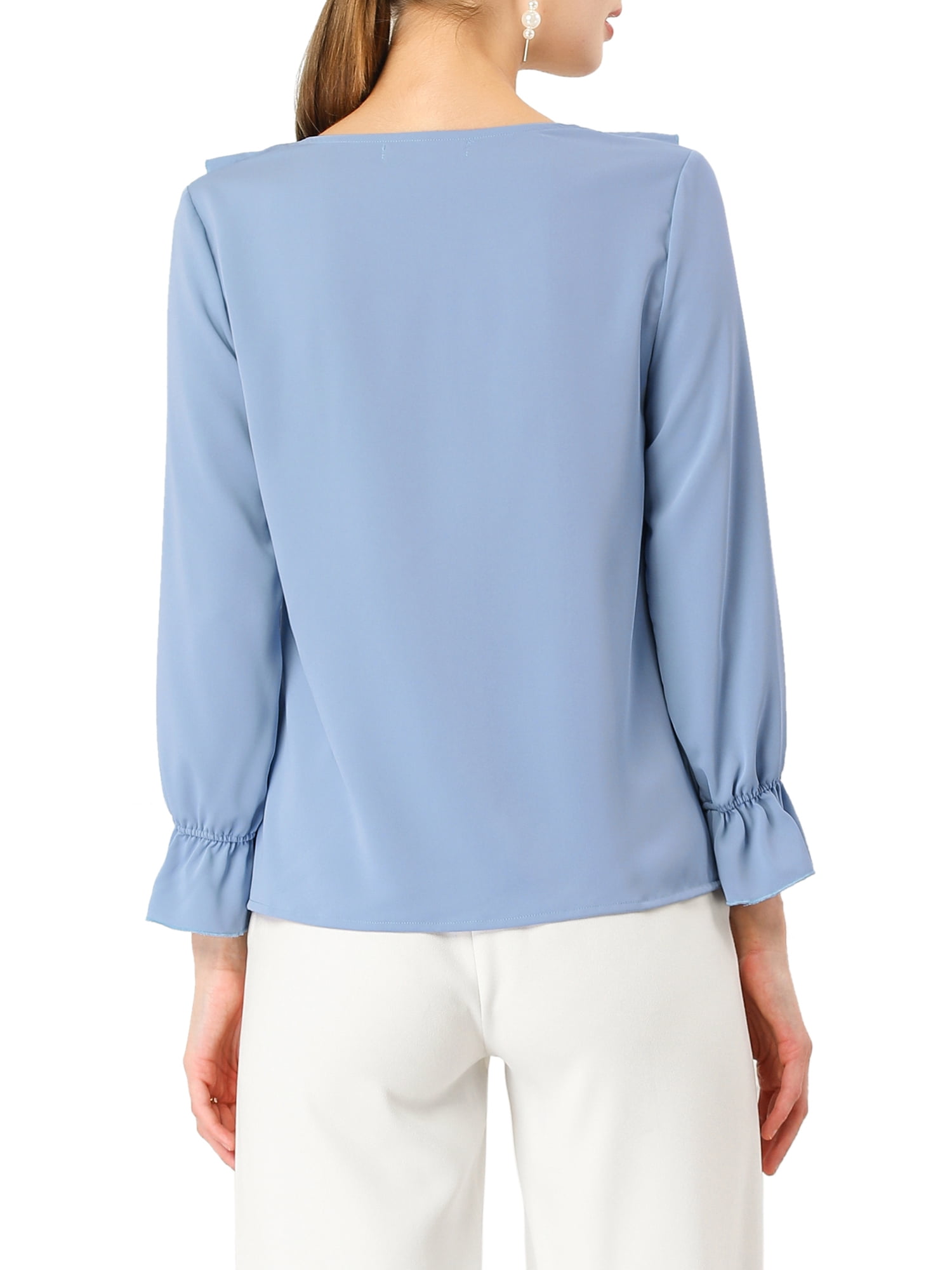 Unique Bargains Women's Ruffle V Neck Chiffon Work Office Peasant Blouse S Baby Blue