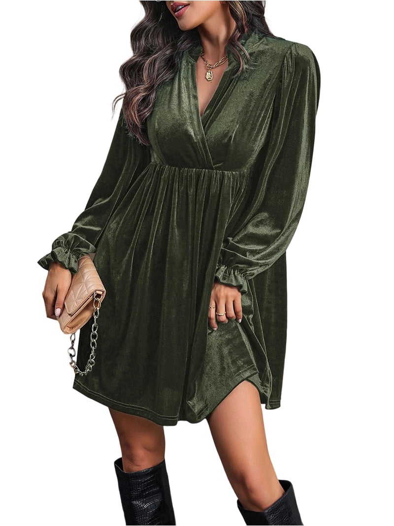 Women Elegant Retro Short Loose V-Neck Long Sleeve Velvet Solid Color Dress  Fall Winter Fashion Clothing Army Green S - Walmart.com