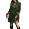 thumbnail image 2 of Women Elegant Retro Short Loose V-Neck Long Sleeve Velvet Solid Color Dress Fall Winter Fashion Clothing Army Green L, 2 of 9