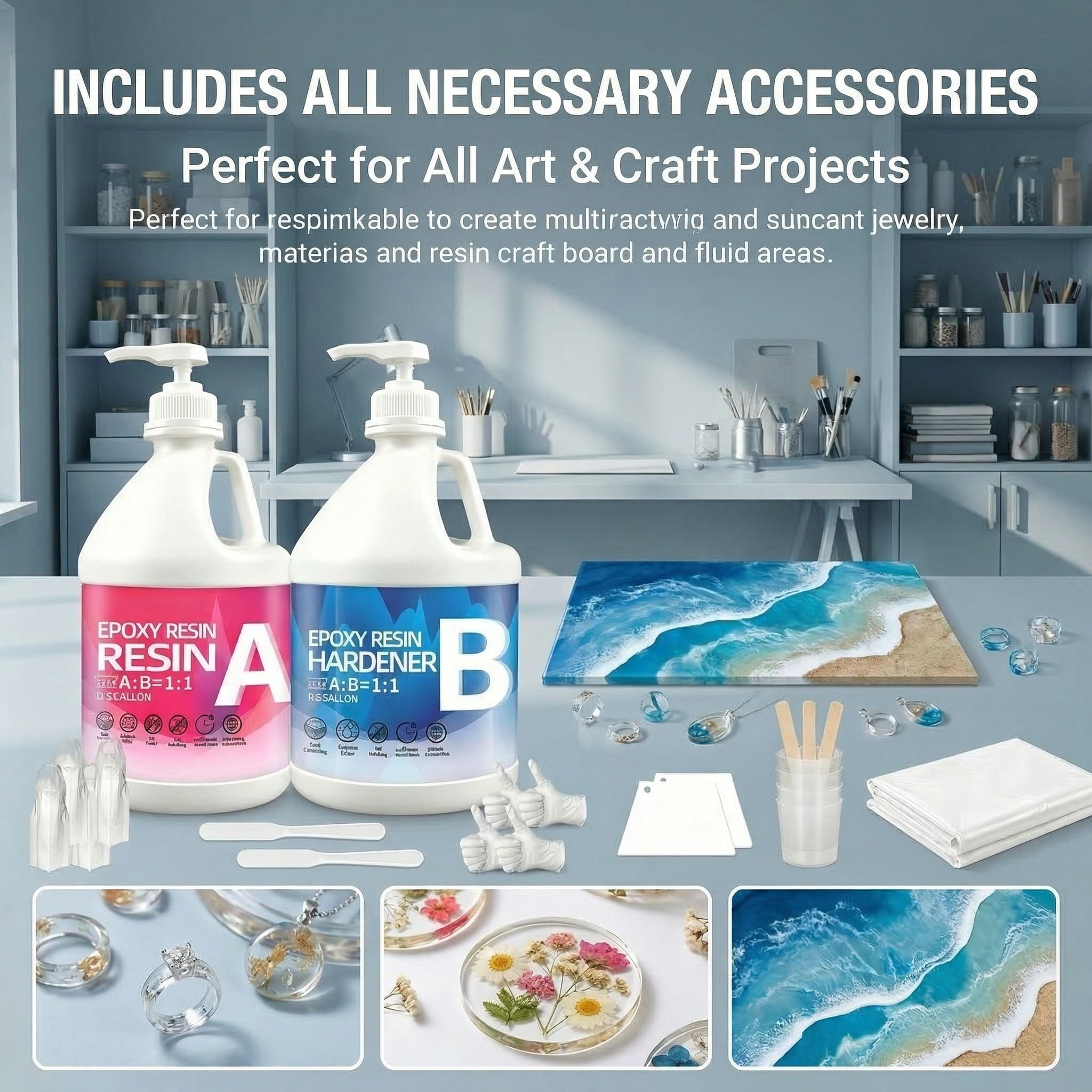 Epoxy Resin Kit 1GAL - Crystal Clear Resin with Tools, 1:1 Mixing Ratio, Bubble Free & Anti-Yellowing - High Gloss Casting & Coating Resin for Jewelry, River Tables, Bar Top, Countertops & Wood