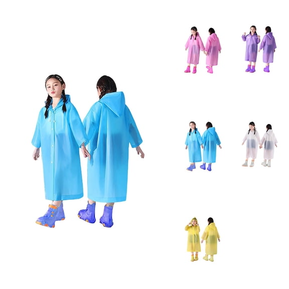 2 Pack Boys' and Girls' Plain Color Buttoned Raincoats, Thick Reusable Waterproof Ponchos with Hood and Sleeves for Spring Summer Autumn