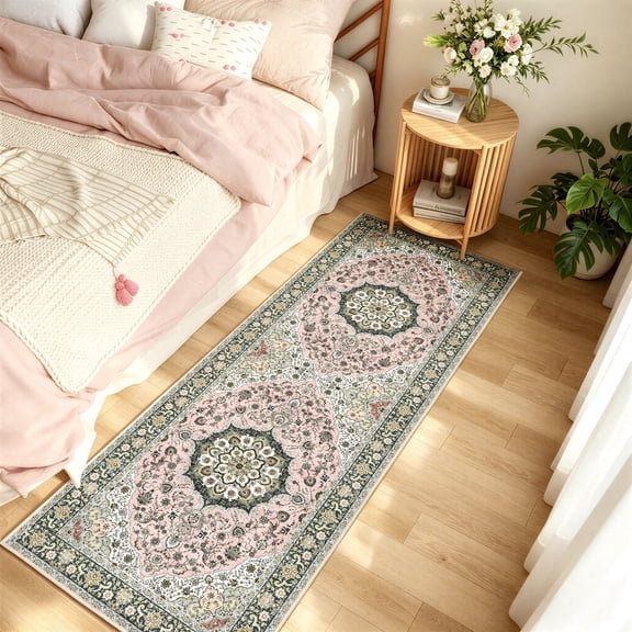 WANLISELL 2'x6' Hallway Runner Rug, Non-Slip Washable Rugs, Pink Distressed Printed Retro Carpet Runners for Entryway Bedroom Laundry Bedside Kitchen