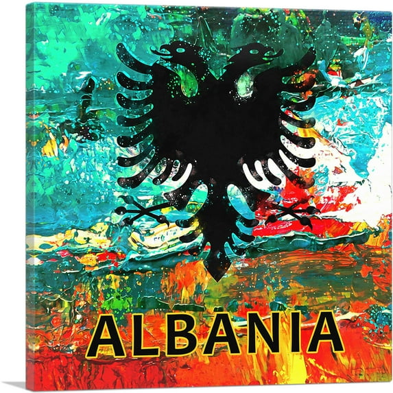 ARTCANVAS Flag of Albania Colorful Splatter Teal Orange Canvas Art Print - Size: 36" x 36" (1.50" Deep)