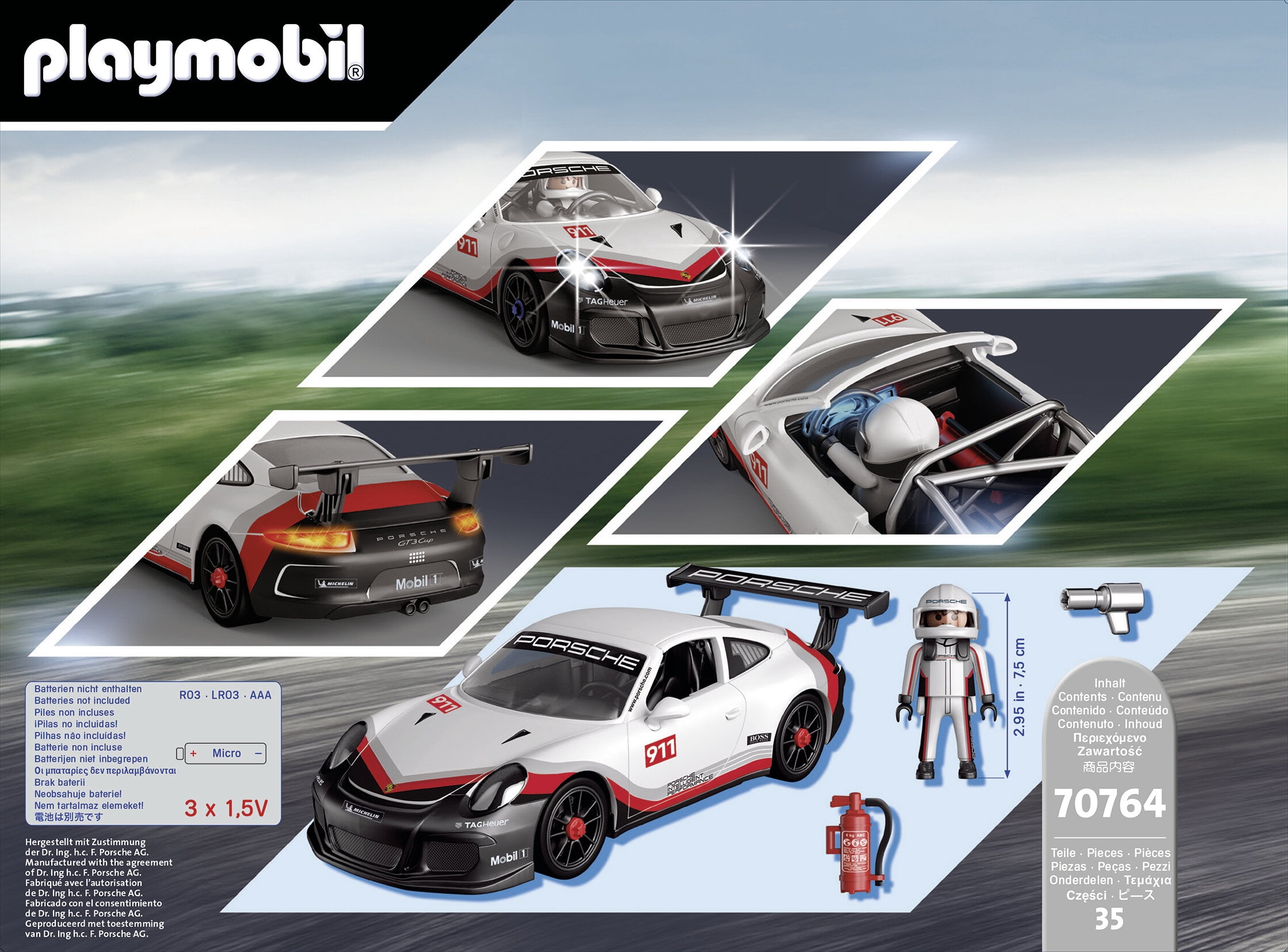 PLAYMOBIL Porsche 911 GT3 Cup, Race Car with Lights, Removable