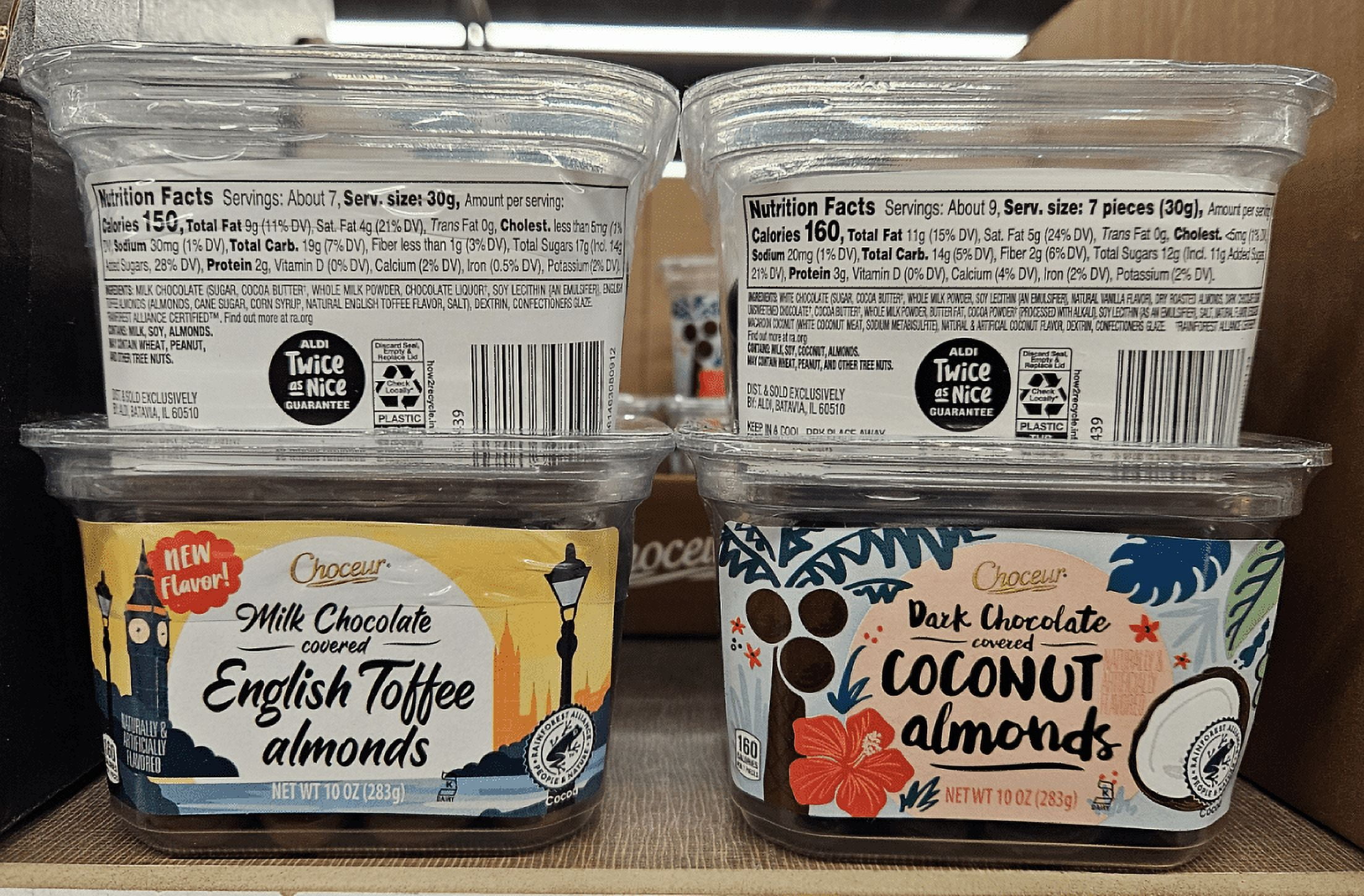 Choceur Milk Chocolate Covered English Toffee Almonds & Dark Chocolate Covered Coconut Almonds 10oz 283g (4 Tubs)