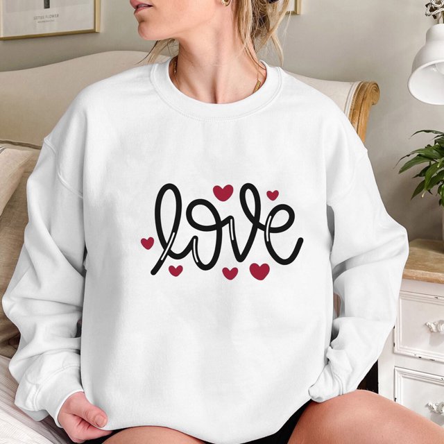 Qertyioot Chandail en Molleton de la Saint-Valentin pour Femmes, Col Rond Imprimé de Noël Lettres Manches Longues Mode Ample
