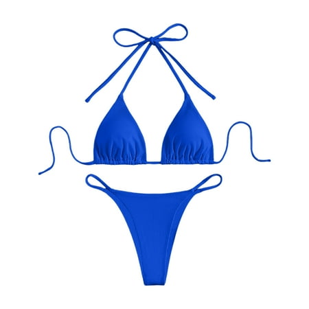 Mnyotv Womens Swimsuits Women Swimwear Bikinis Soild Swimsuit Ladies Shorts Halter Two Piece Swimwears Tankinis Set Swim Suits for Women 2024 Blue M