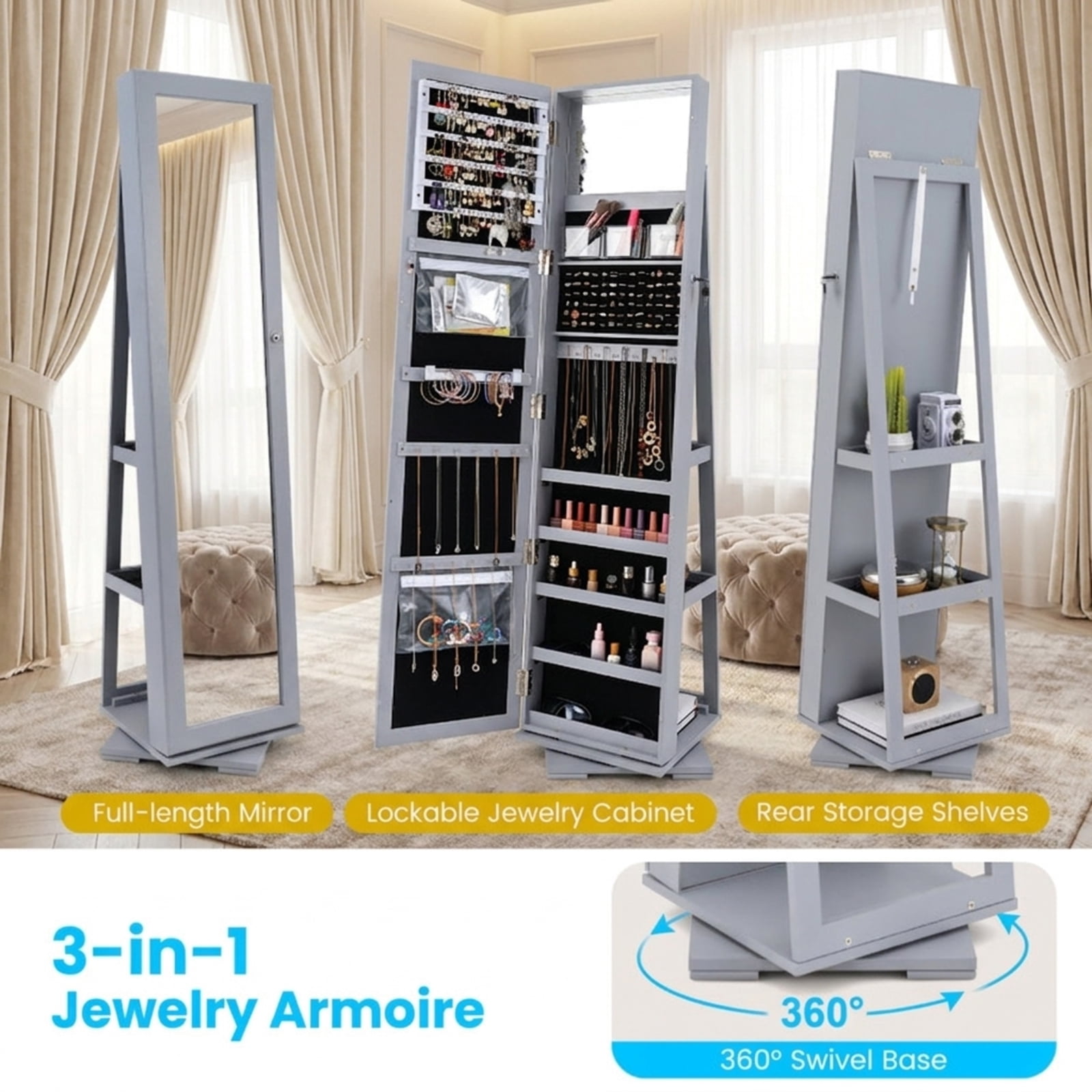 Furnibear 360° Rotatable 2-in-1 Lockable Jewelry Cabinet with Full-Length Mirror for Bedroom Dressing Room Jewelry Necklace Rings Storage Mirror, Gray