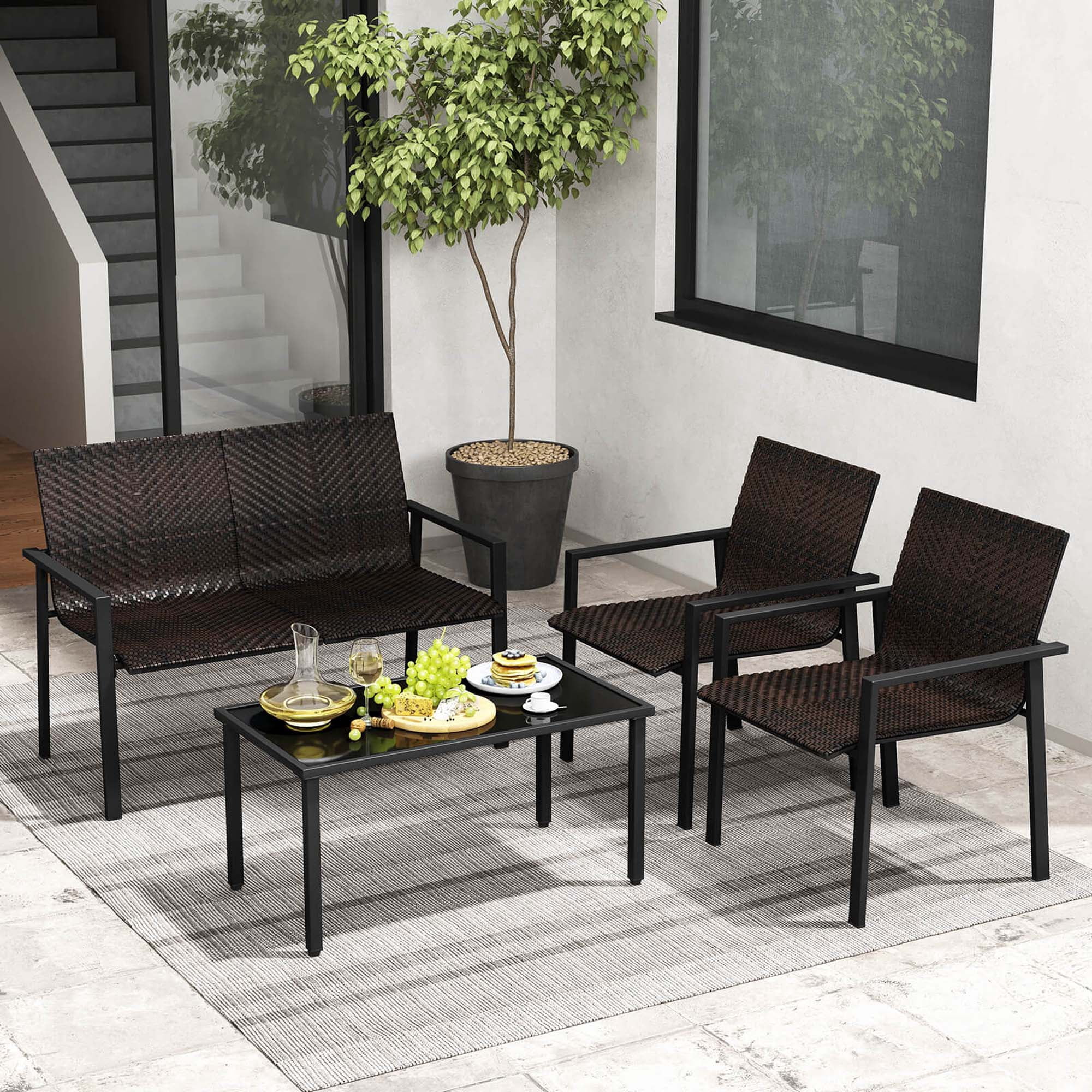 Costway 4 PCS Outdoor Wicker Patio Furniture Set with Heavy-Duty Galvanized Metal Frame Mix Brown