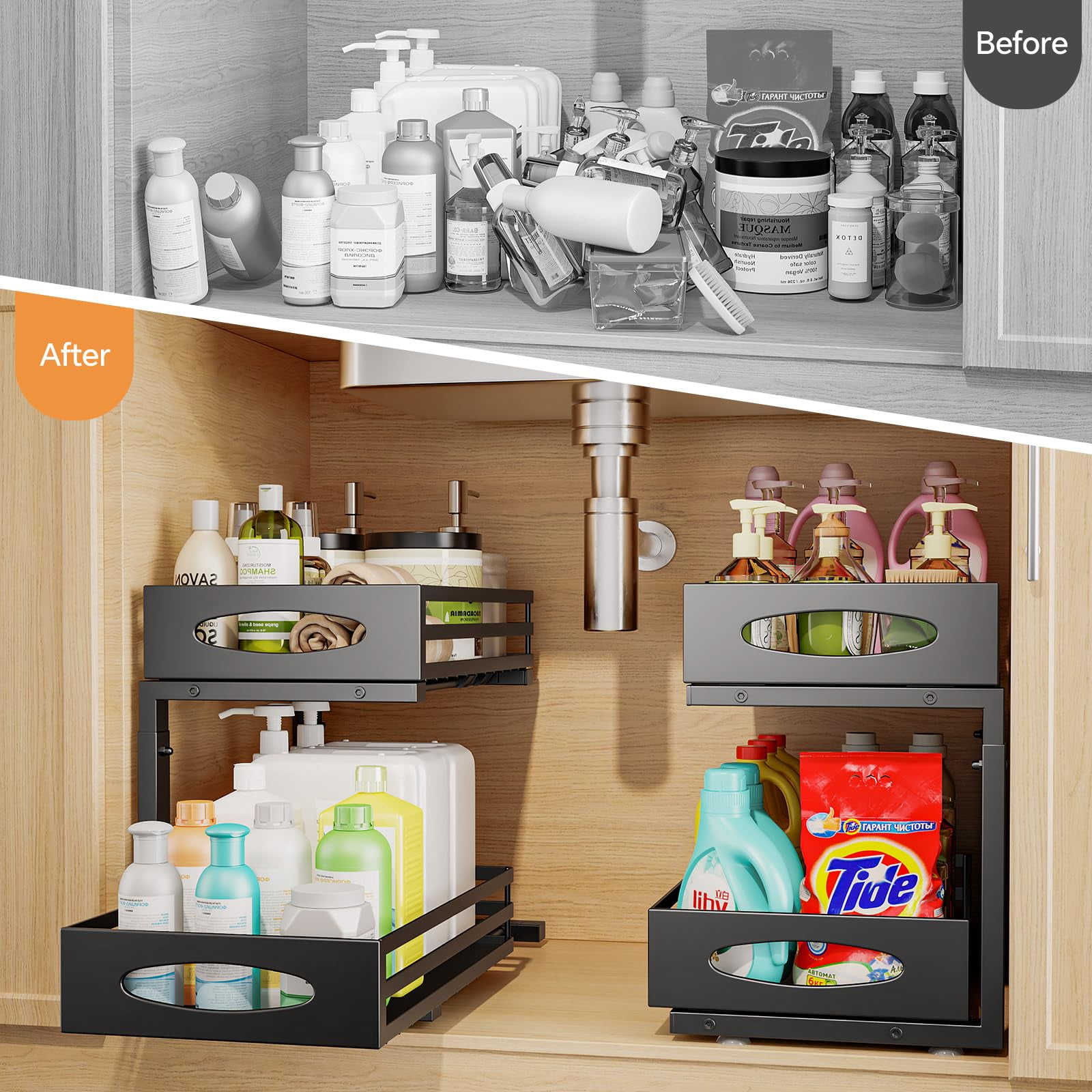 Under Sink Organizer 2 Tier Adjustable Height Slide Out Metal Cabinet Storage Drawer Shelf for Kitchen Bathroom White 1 Pack