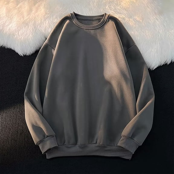 Fall Sweatshirts for Men Crew Neck Hoodless Long Sleeve Trendy Solid Color Casual Pullover Sweatshirt Dark Gray XXXL