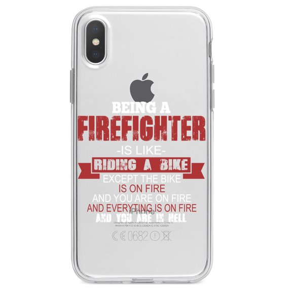 DistinctInk Clear Shockproof Hybrid Case for iPhone XR (6.1" Screen) - TPU Bumper Acrylic Back Tempered Glass Screen Protector - Being a Firefighter is Like Riding A Bike On Fire