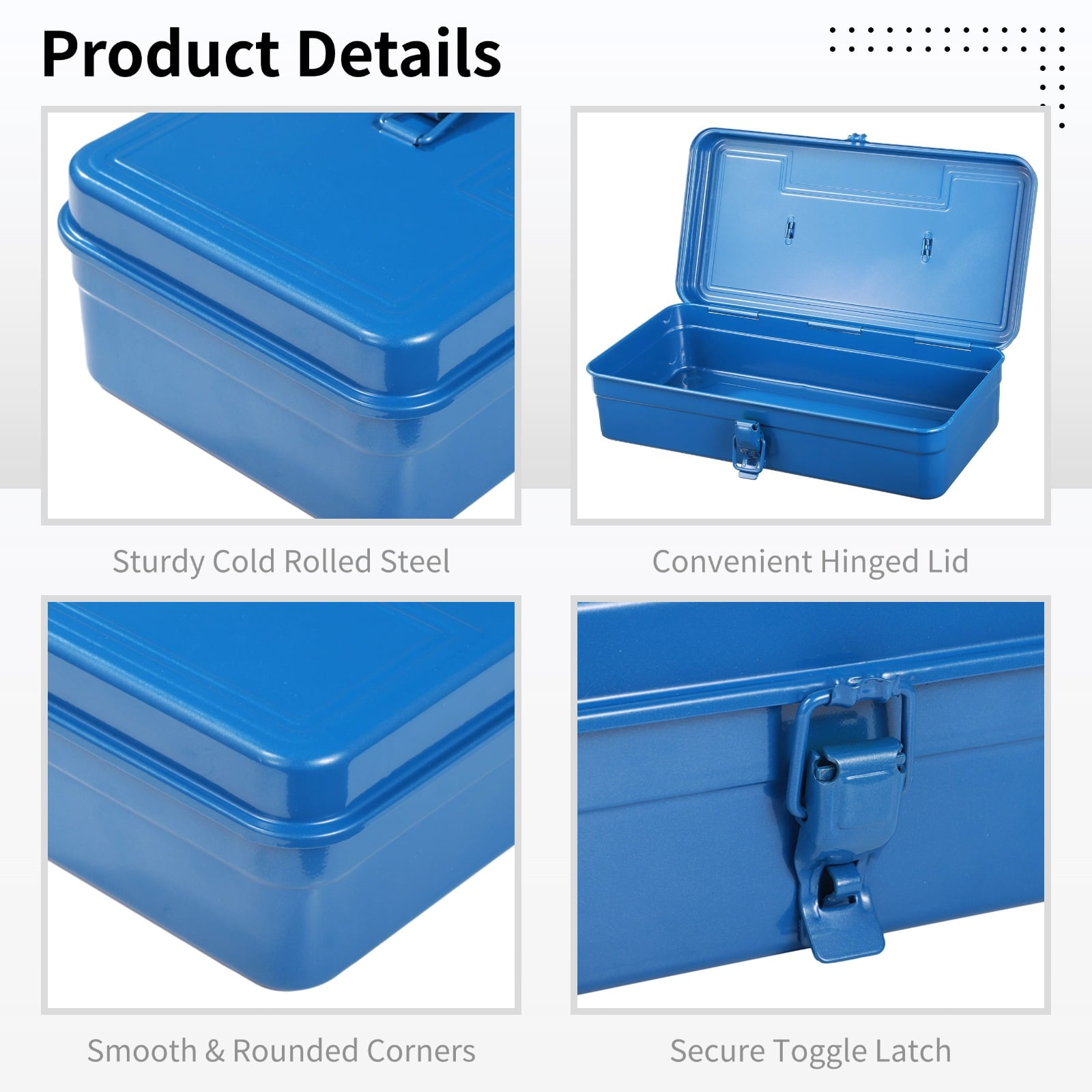 Steel Storage Box with Hinged Lid, Rectangular Blue Empty Hinged Metal Tool Box, Metal Organizer with Secure Buckle for Scrapbook Stamps, Stationery, Sewing Supplies, Hand Tools