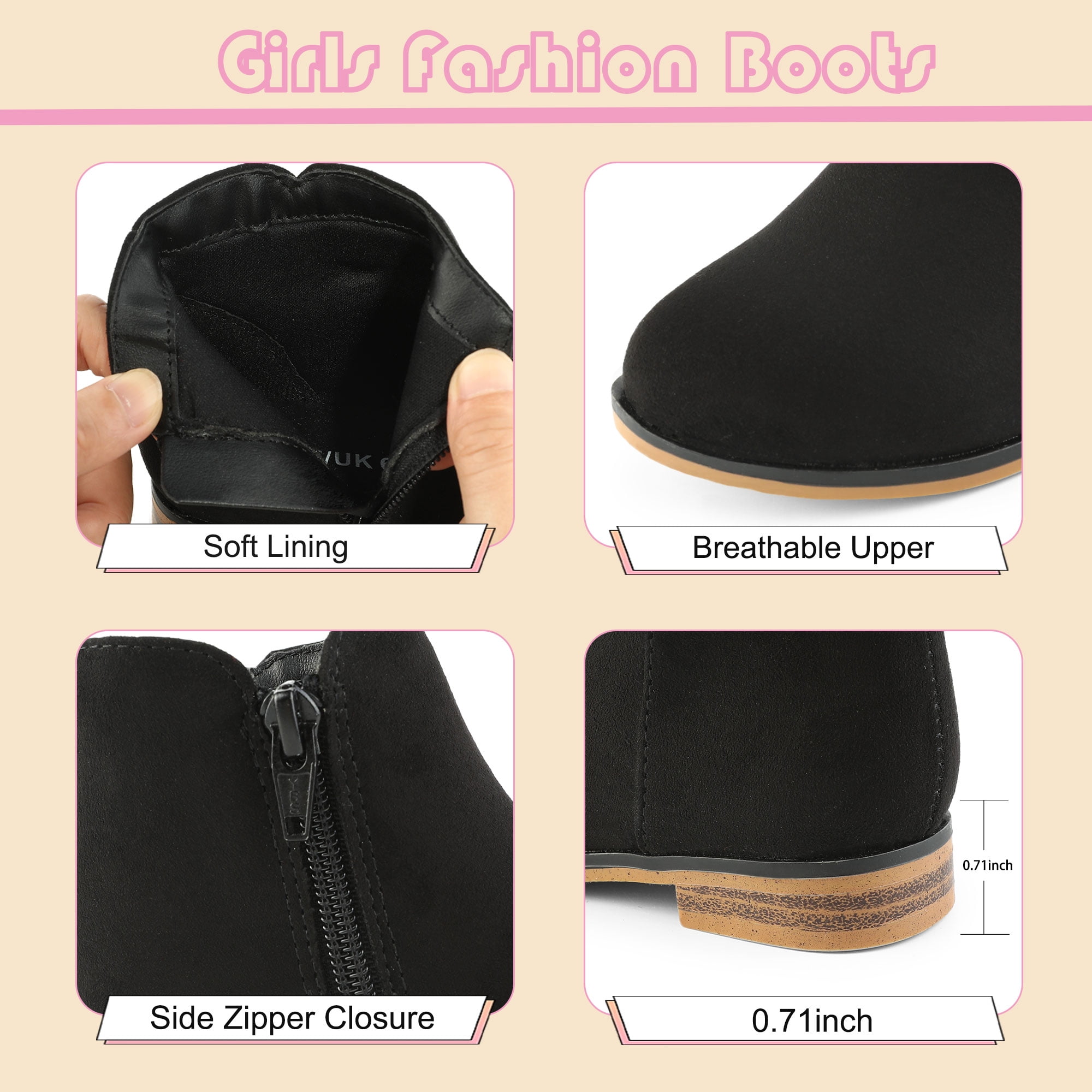 HOMEHOT Girls Ankle Boots Zipper Low Heels Dressing Shoes