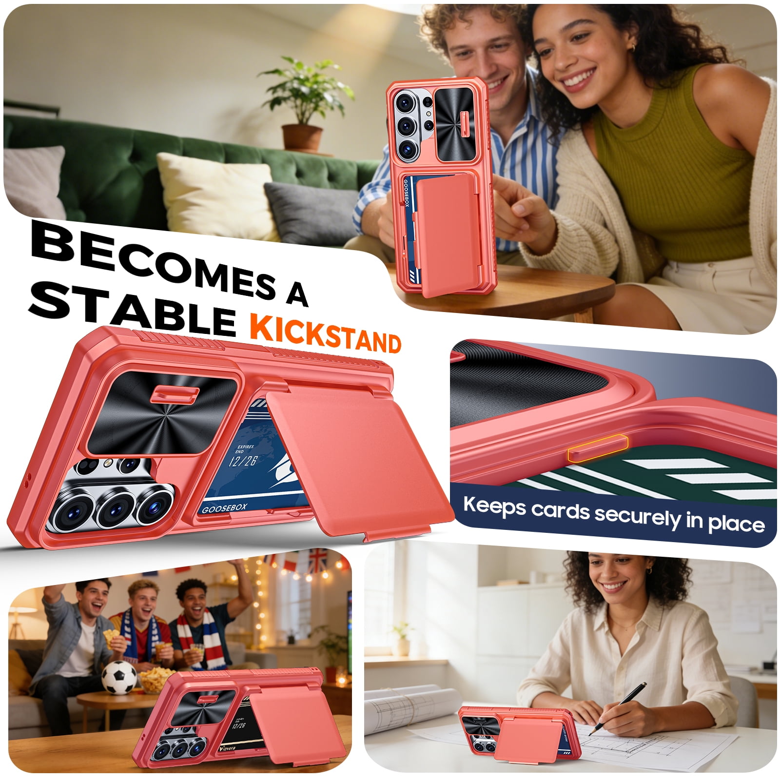 Vizvera for Samsung Galaxy S26 Ultra Case Wallet with RFID [Cards Holder][Camera Cover][Edge Raised] Shockproof Silicone Phone Case-Coral Red