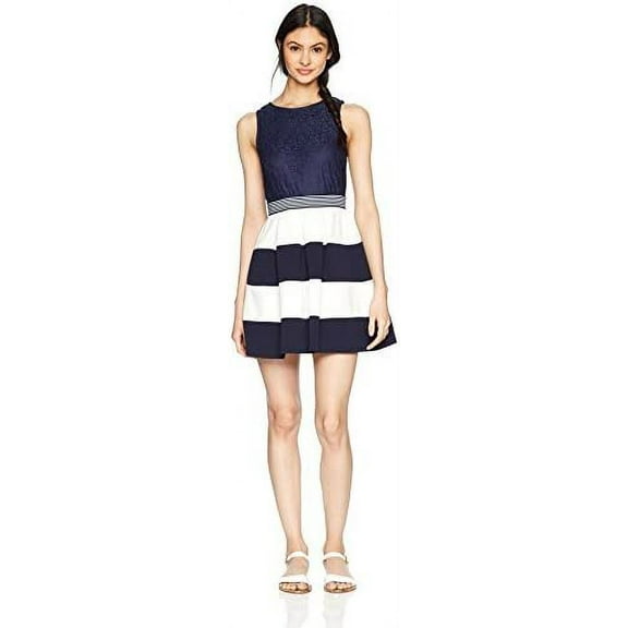 Speechless Sleeveless Box-Pleat Fit-and-Flare Dress (Junior's), Navy/Ivory, S