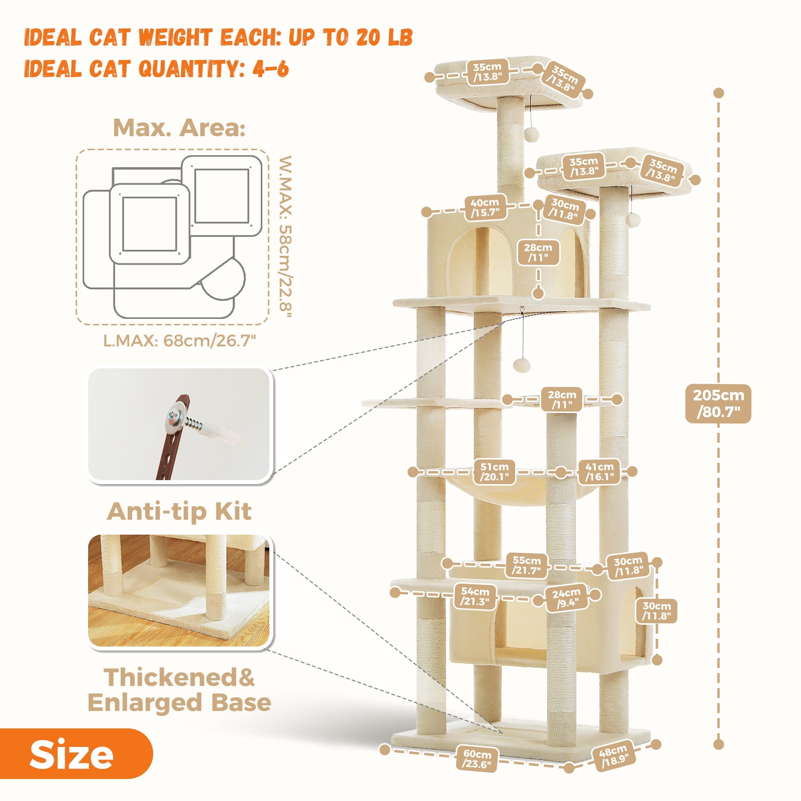 Pefilos 81" Tall Cat Tree for Large Cats, Heavy Duty Cat Tower with 2 Perches, 2 Condos and Spacious Hammock, Large Condo with 7 Scratching Posts, Beige