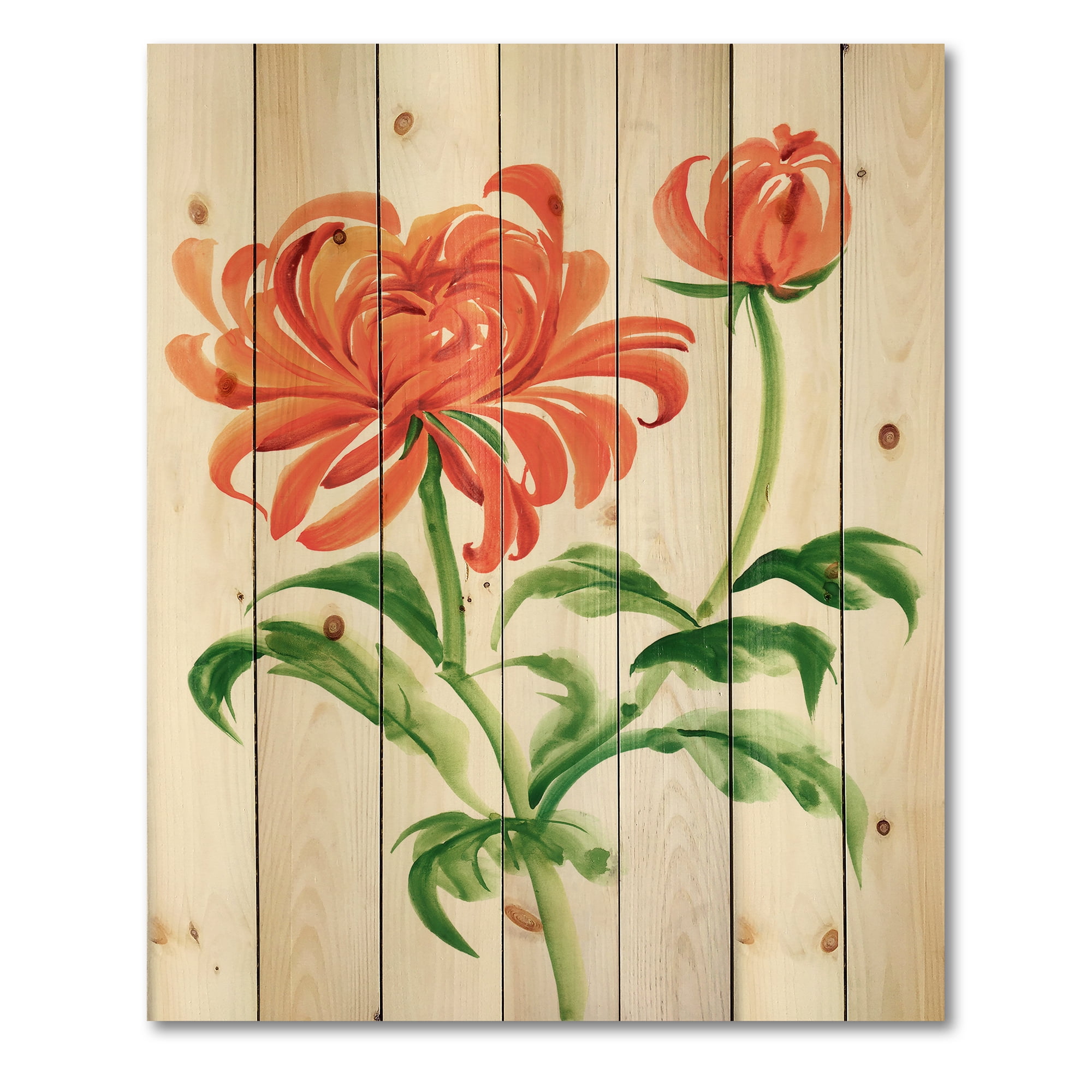 Designart 'Ancient Orange Chrysanthemum Flower' Traditional Print on Natural Pine Wood