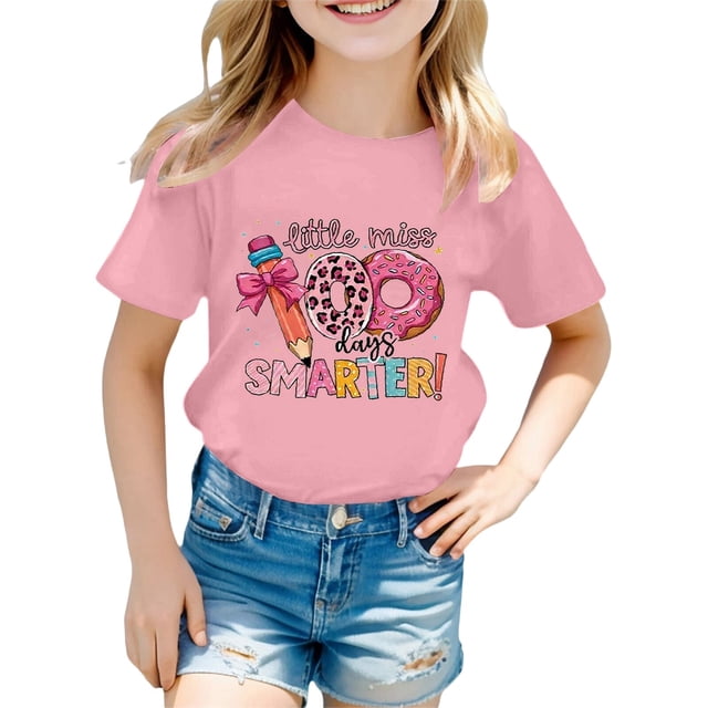 Rhuody Hauts de Printemps pour Fille T-Shirt à Manches Courtes T-Shirt à Imprimés de Lettres Tee Rentrée des Classes Coupe Ample Col Ras du Cou Haut Vêtement de Base Rose 10-11 Ans