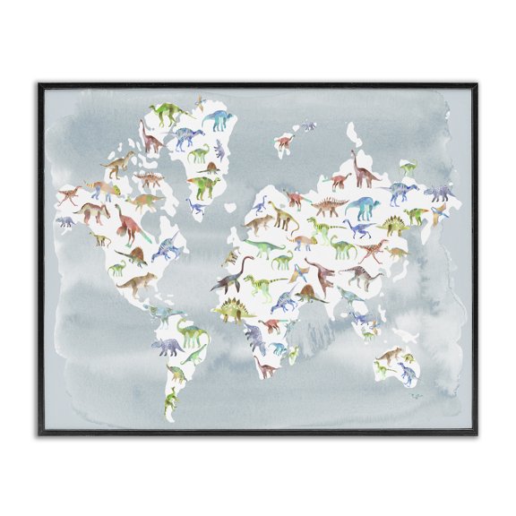 Stupell Industries Eclectic Watercolor World Map with Dinosaur Reptile Pattern Black Framed Giclee Art, 14 x 11, by Ziwei Li
