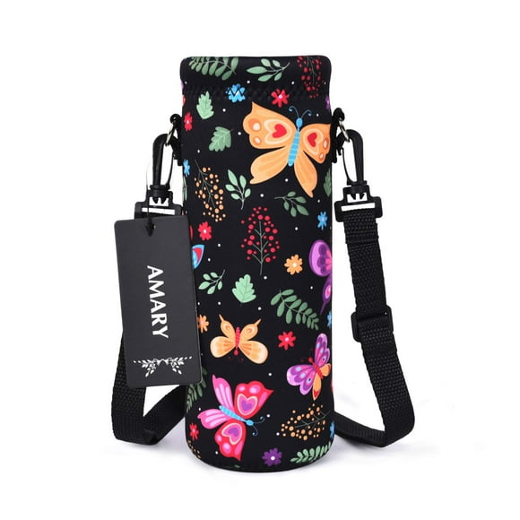 AMARY 500ML Neoprene Water Bottle Carrier Bag with Adjustable Shoulder Strap,Insulated Water Bottle Cover for Stainless Steel/Glass/Plastic Bottles 16.9OZ (Butterfly-3)