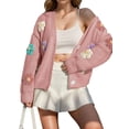 thumbnail image 3 of Women'S Knit Crochet Open Front Sweater Long Sleeve Button Flowers Loose Short Cardigan Outerwear Coats Pink XL, 3 of 7