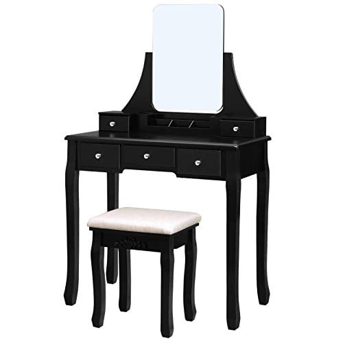 Vasagle Vanity Table Set With Large Frameless Mirror Makeup Dressing For Bedroom Bathroom 5 Drawers And 1 Removable Storage Box Cushioned Stool Black Urdt25bk Com Vasagle Vanity Table Set With Large, Vanity Set With Mirror For Bathroom