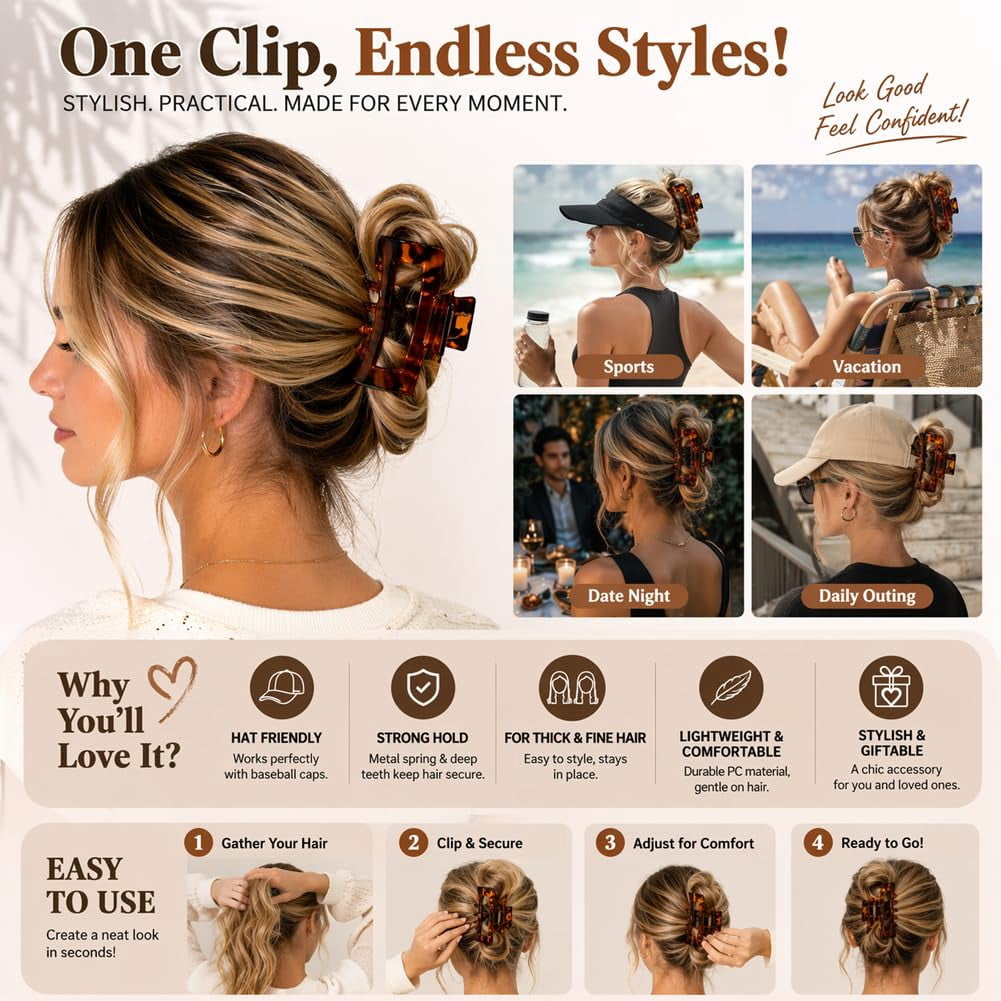 Hat Claw Clip,Baseball Hair Clip for Women, Square Hair Claw Clips, Non-Slip Adjustable Design for Thick & Fine Hair, Hat-Friendly for Baseball Caps