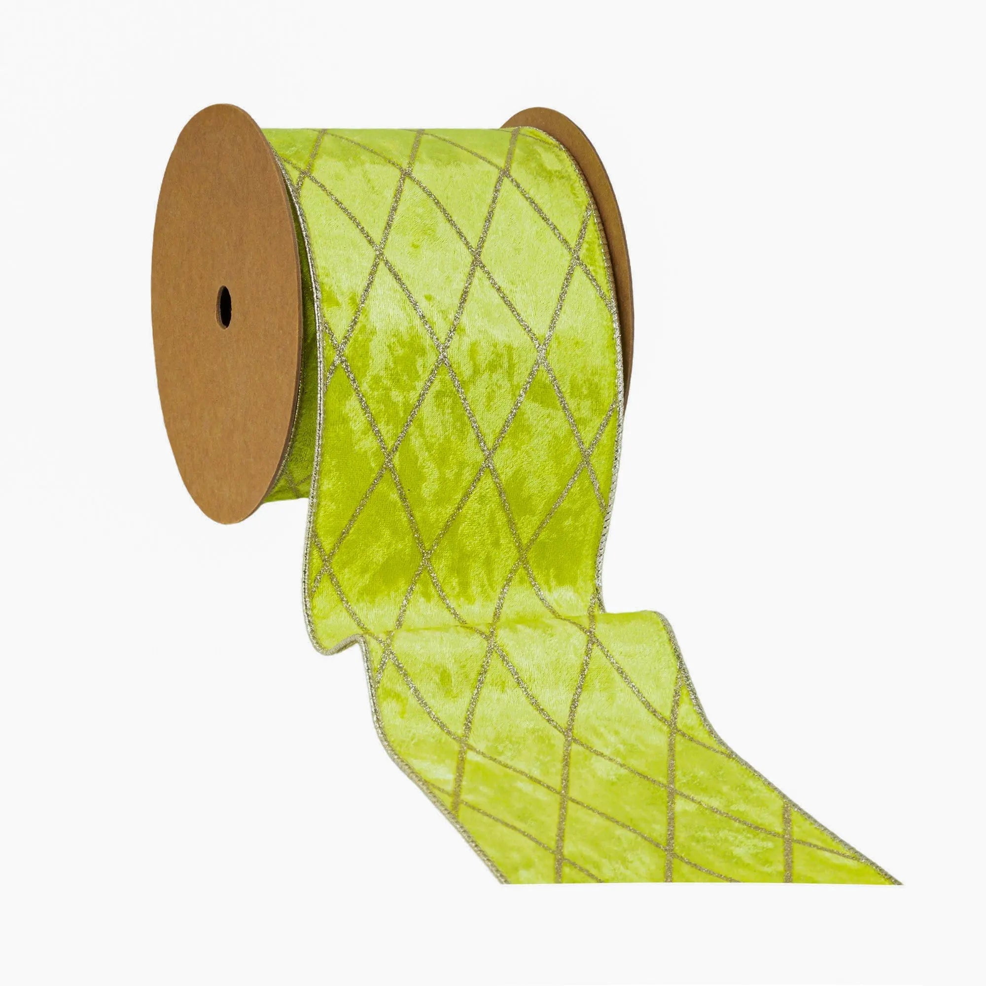 LaRibbons 4" Wired Velvet Ribbon, Lime with Glittered Diamond, 10 Yard Roll