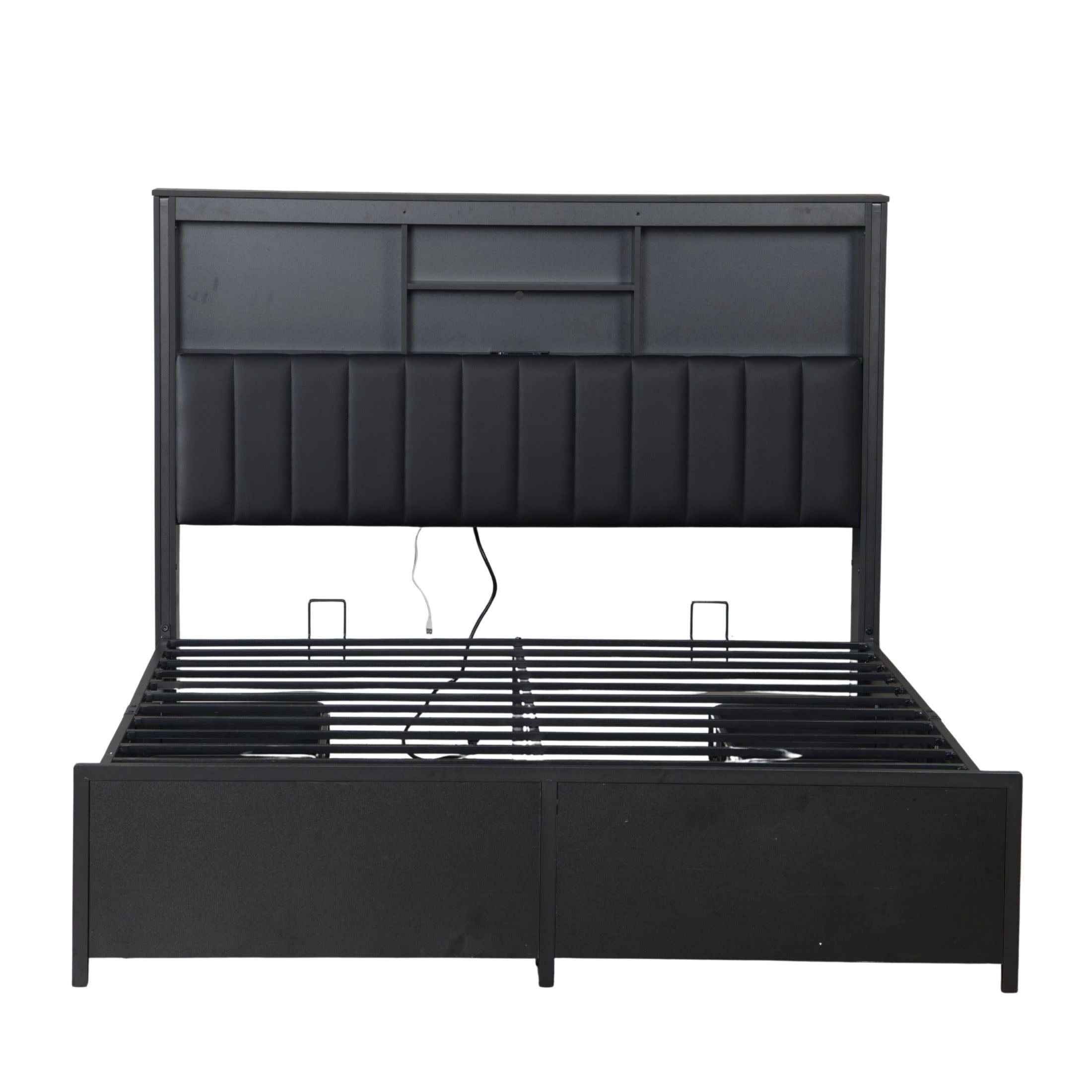 Noble House Junden Queen Bed Frame with Bookcase Headboard and Storage Drawers, LED Lights, Charging Station, Black