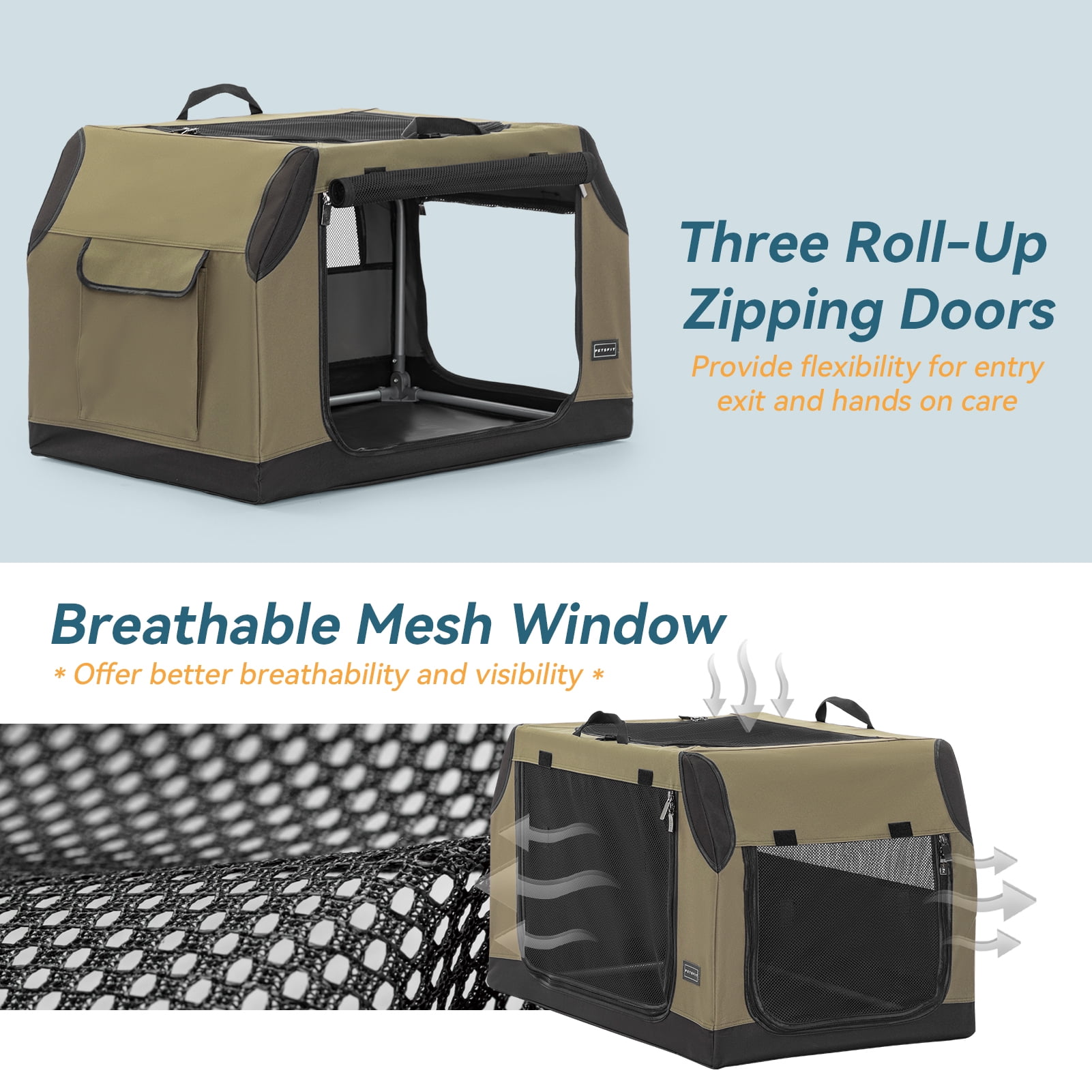 Petsfit 30 Inch Dog Kennel Indoor, Adjustable Fabric Cover by Spiral Iron Pipe, Chew Proof 3 Door Design, Soft Sided Collapsible Dog Crate Green