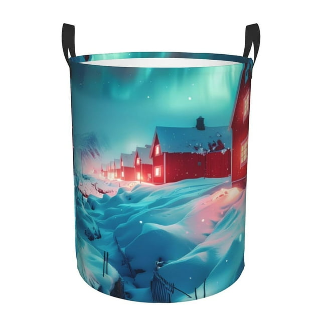 Balery Aurora Borealis Village Cesta de ropa redonda con asas, impermeable, independiente, para ropa, juguetes, dormitorio y familia-Small