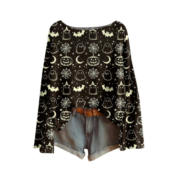 WTOBBY Women's Fashion Long Sleeve Halloween Print Sweater, Themed Pullover with Spooky Designs, Cozy and Stylish Top for Fall Parties and Events,Black L