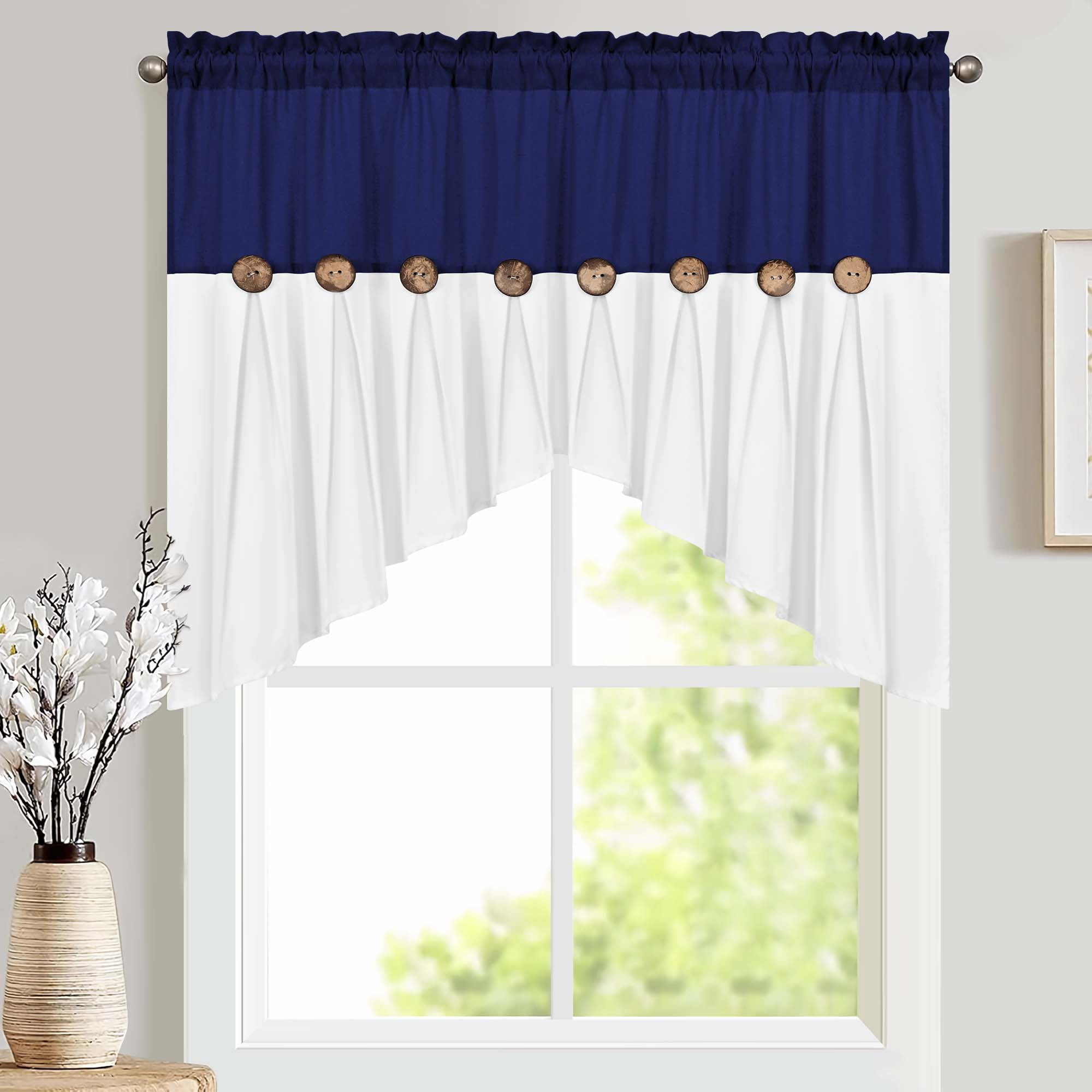 Alishomtll Linen Valance Farmhouse Boho Button Kitchen Curtains ,Rod Pocket,36"L x 52"W, Blue White