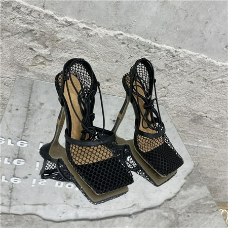 

Female Cross-tied Stiletto Heel Lace Up Hollow Mesh Pumps High Heel Sandals Square Toe BLACK 43
