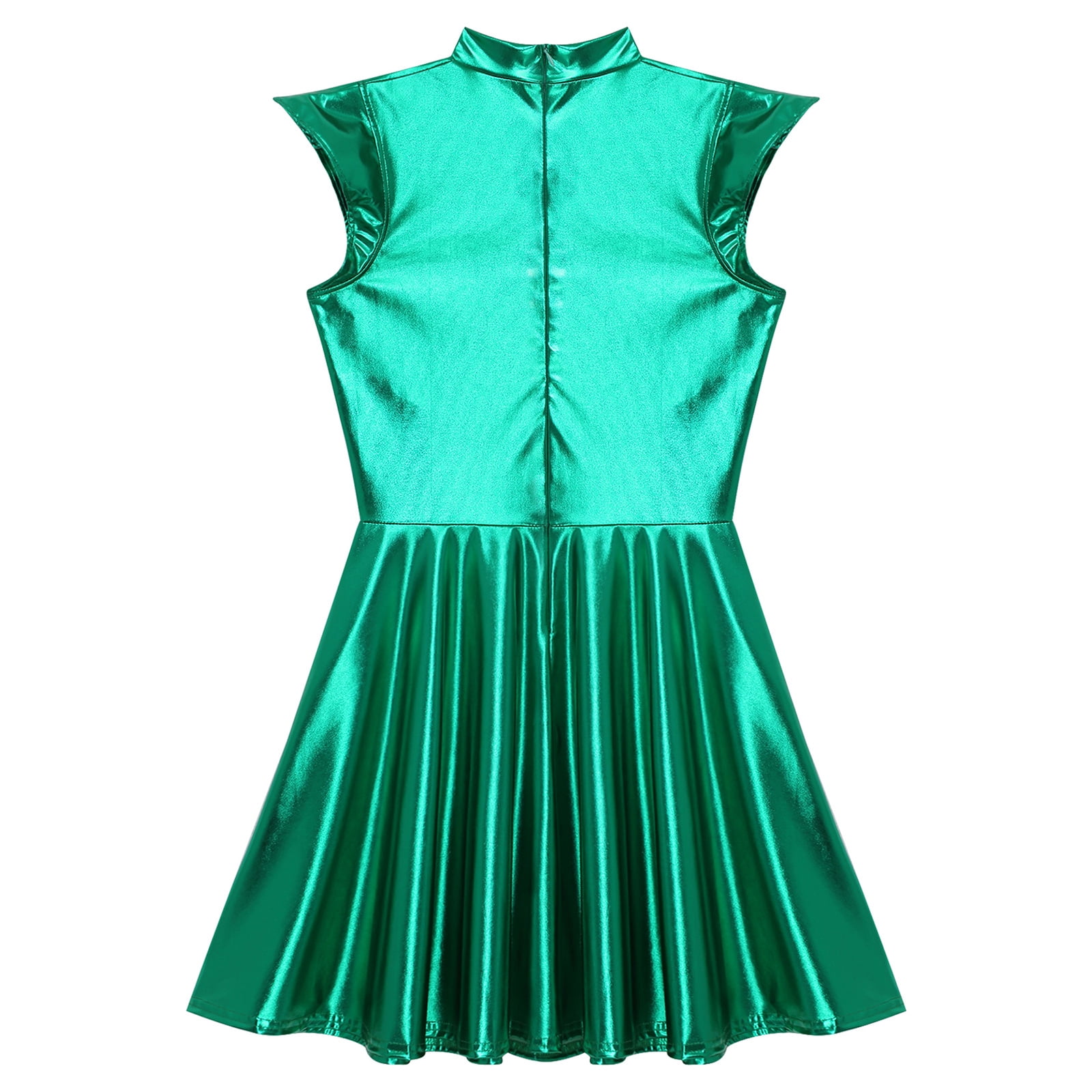 iiniim Women Shiny Metallic Holographic High Waisted Flare Skater Dress Carnival Party Green M